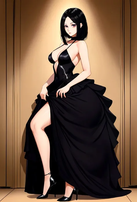 an adult woman, 33 years old, black, eyes black, flat hair, shorth hair, complete body, wearing heels, black gown