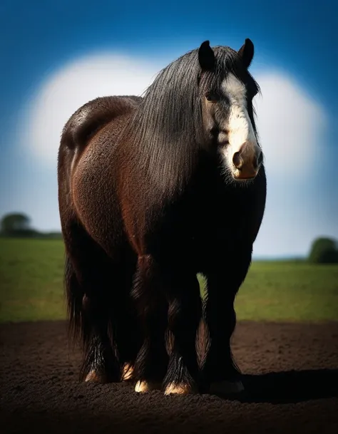 full rear view of large fat wide hairy Shire horse stallion with lumps of horse dung pouring out of the centre of a big bum and sliding down legs. facing away from view point - towards horizon. wide open rectum and anus in full view full of horse dung. tai...