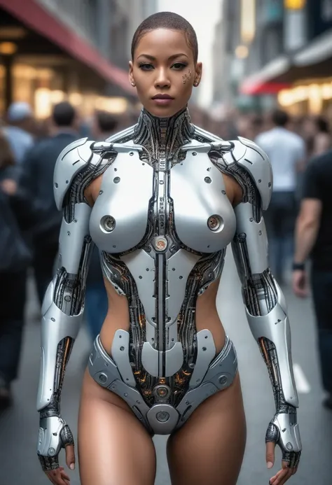 Cyborg walking in a crowd of people on the street in a big city., absurdres, masterpiece, beautiful, intricate details, 1/2 body crop, slim body, beautiful figure, magnificent anatomy, (intricate details:1.12), HDR, (intricate details, hyper-detailing:1.15...