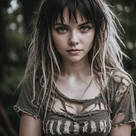 Pale woman wearing shredded grunge shirt, dark messy hair, staring at viewer, perfect quality, sharp focus, shallow depth of field, 8k, flash photography, dread in eyes