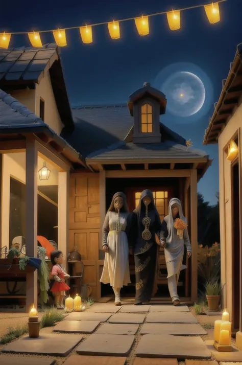 A girl and her family celebrating the day of the dead in the patio of their house 