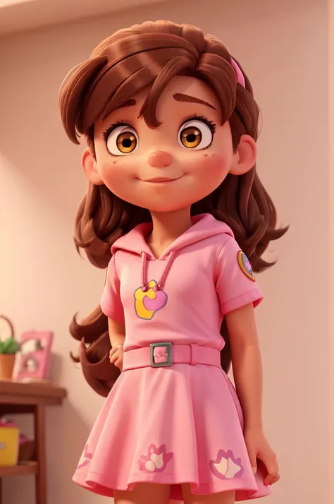 criebuma girl brown hair brown eyes inspired by the Paw Patrol design pink dress