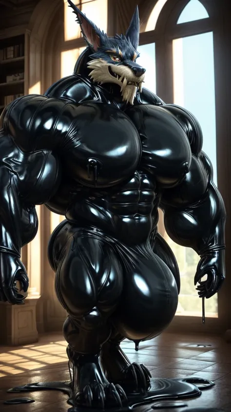 solo, male, , , ,  (hyper pecs:1.3), （long thick thighs:1.5）, standing, indoor,，(，,(,solo,very hyper muscles:1.3)((, Huge bulge：1.5))）（corruption)), black glowing liquid，（((liquid_latex, , rubber:1.2)，,black latex，goo transformation，(gooey)()(l），unreal eng...