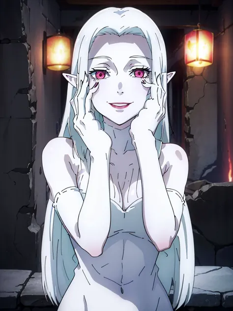 (1girl,20s,mature female),solo,white hair,long hair,((white skin,colored skin)),elf ears,naked,(night,ruins background),(smile,yandere trance),hands on own face,pink glowing eyes,teeth