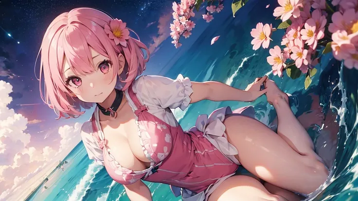 1girl,flower pattern , pink idol,pastel pink hair,brown eye,bob hair,janping, put hands on body, full body,red frame eyewear,big breasts,