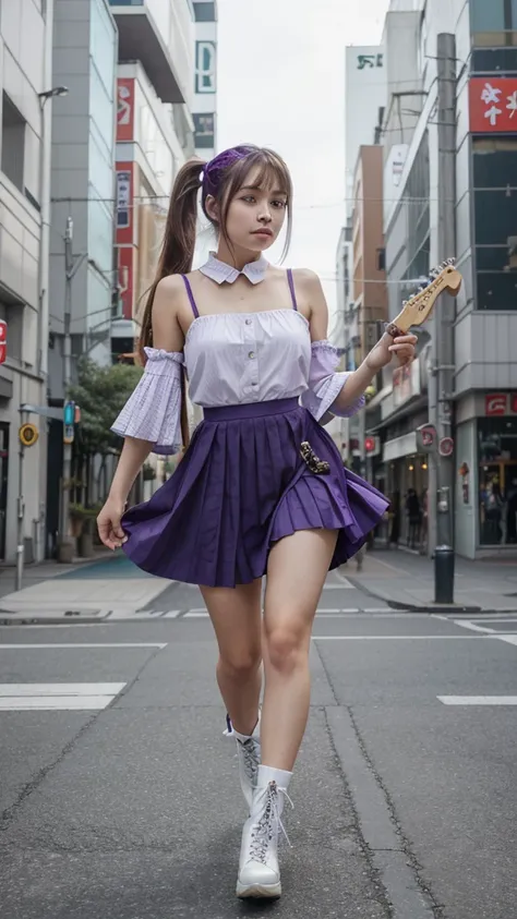 ((masterpiece, best quality))1girl, solo, fashion purple dress modern future, electric guitar, headphones, ponytail, holding, holding plectrum, instrument, very very long brown hair, music, one side up, teal hair, twin tails, playing guiter, pleated long s...