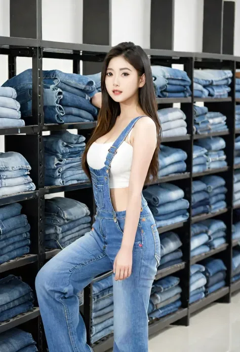 Asian girl, 14 years old, cute looking, jeans overalls, large breasts, big hips, sexy, acting seductively. The most realistic.