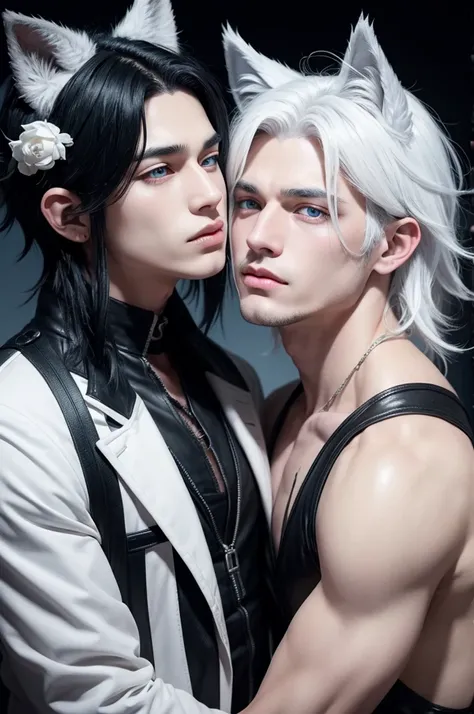 Boy with black hair kissing white hair who has wolf ears and blue eyes