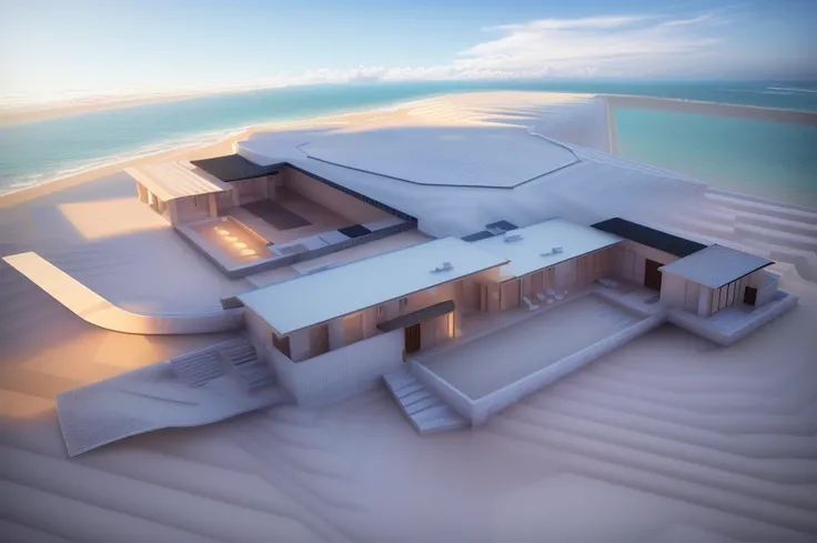 Located along untouched coastline on Mexicos Mayan Riviera, this historic hacienda features private access to secluded beaches.a rendering of a house with a pool and a large courtyard, conceptual rendering, detailed renderings, zoomed out view, digital ren...