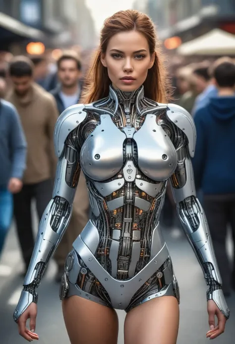 Beautiful woman Cyborg walking in a crowd of people on the street in a big city., absurdres, masterpiece, beautiful, intricate details, 1/2 body crop, slim body, beautiful figure, magnificent anatomy, (intricate details:1.12), HDR, (intricate details, hype...