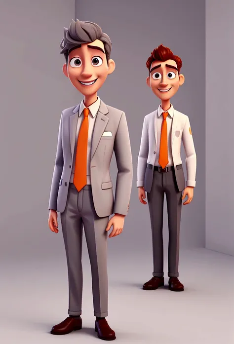 Smiling 25-year-old man wearing a gray suit with orange tie and white shirt, fair skin, drawing in 3D Art style, C4D, city background, Disney style, pixar style render illustration Super Detail, 8K