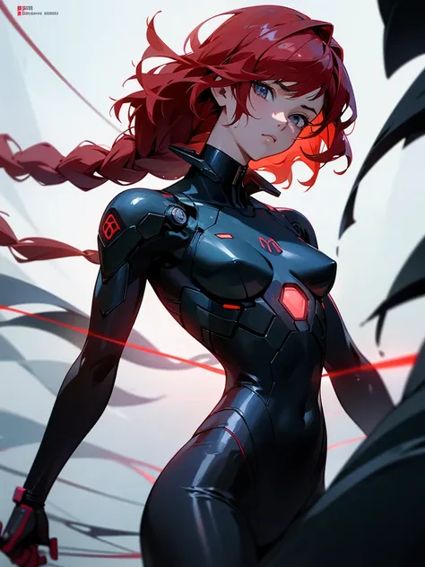 1black boy with braided hair to chin,holding sword,1 girl with wavy red hair on shoulders,black latex suit,cables on back,battle pose,side by side,white background,small red light underneath,best quality,4k,8k,highres,masterpiece:1.2,ultra-detailed,realist...