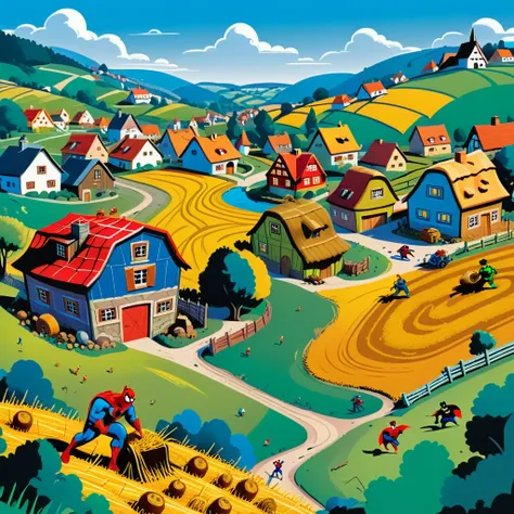 Wimmelbuch style image, illustration for a childrens magazine, bright colors, clear outlines, cartographic image of a cartoon village with many houses and village attributes, countryside, Spiderman and Superman harvesting hay, Hulk and Shrek digging potato...