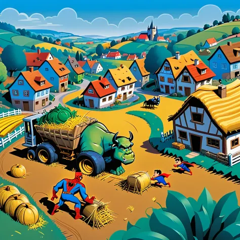 Wimmelbuch style image, illustration for a childrens magazine, bright colors, clear outlines, cartographic image of a cartoon village with many houses and village attributes, countryside, Spiderman and Superman harvesting hay, Hulk and Shrek digging potato...