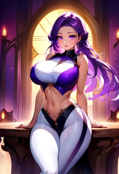 Create a digital artwork of a voluptuous female character with massive breasts in an anime-inspired style. The character should have long, flowing purple hair and large, expressive purple eyes. She should be wearing leggins and a crop top that accentuates ...