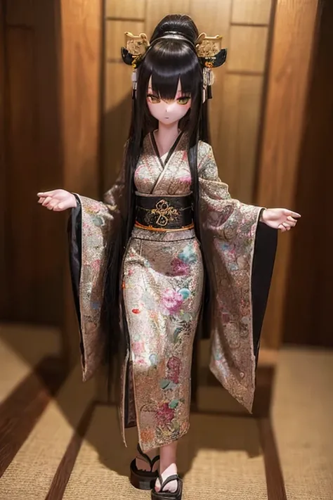 (SFW:2), photorealistic, realistic photo, ((highest quality)), ((masterpiece)), (extremely detailed), kukolnydom, doll, (mature woman, 22yo, 22 years old:1.6), solo, ((full body, standing, skinny, slender, slim)), kimono, green eyes, parted lips, (black ha...