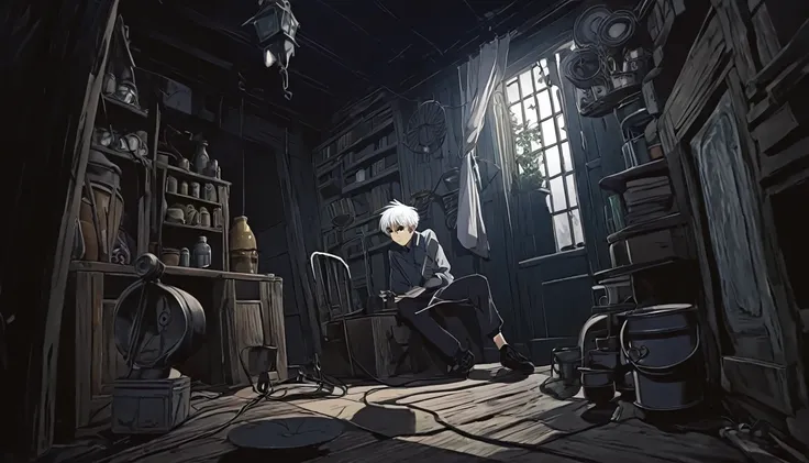 Young  white hair stylist boy ayush(anime style)  Ayush discovers a hidden corner with a collection of curiosities, including an old, neglected pencil.  ( Horror anime style) 