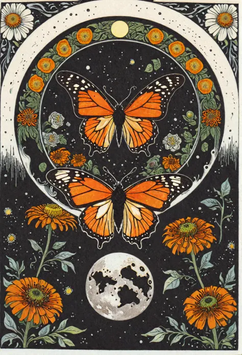 symmetric, balanced, monarch butterfly at the center of the moon surrounded by a frame of zinnia flowers, dark amber and gray co...