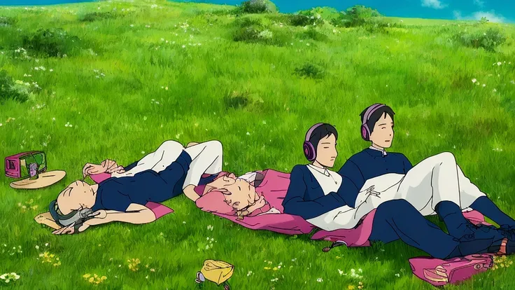 A boy and a girl lying on the grass listening to music WITH HEADPHONES, RELAXING