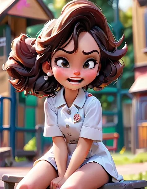 School scene, the background in blur, a girl sitting on the playground, He grabs his elbow because it hurts while (2 people serve, a doctor and a nurse) to make you feel better.

The girl looks and smiles a little at the doctor who calms her down.. (There ...