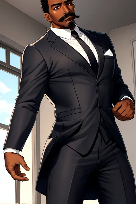 Raise a grown black man, 40 year old, using suit, PENSATIVE, serious, postured, thin moustache