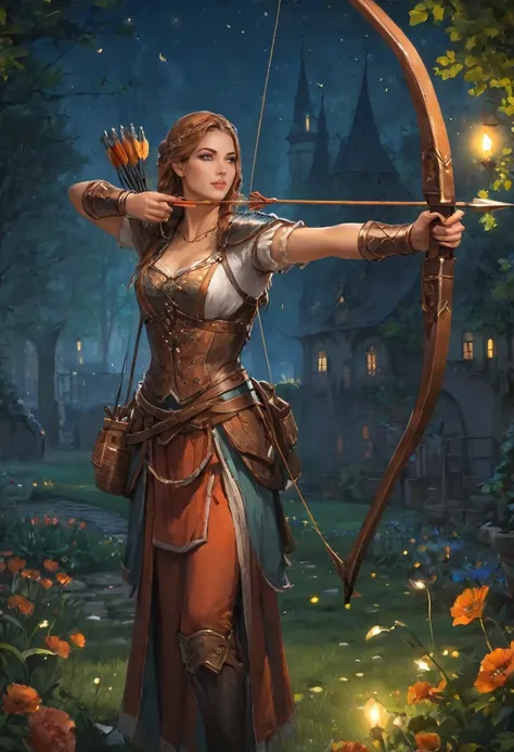 best quality, high target_solve, clearly_image, detailed background ,1 archer woman, garden, night,hook of holland, wide-angle l...