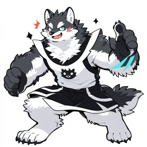 Scribble wolf face, ((cute)), anthro(wolf), (Pure white fur:1.5), white beard, (broad white blouse), generous smile, (dynamic pose:1.6), simple background, printmaking style, by takemoto arashi, by kamyuel, by milkytiger1145, by 96panda, Colorful logo, Min...