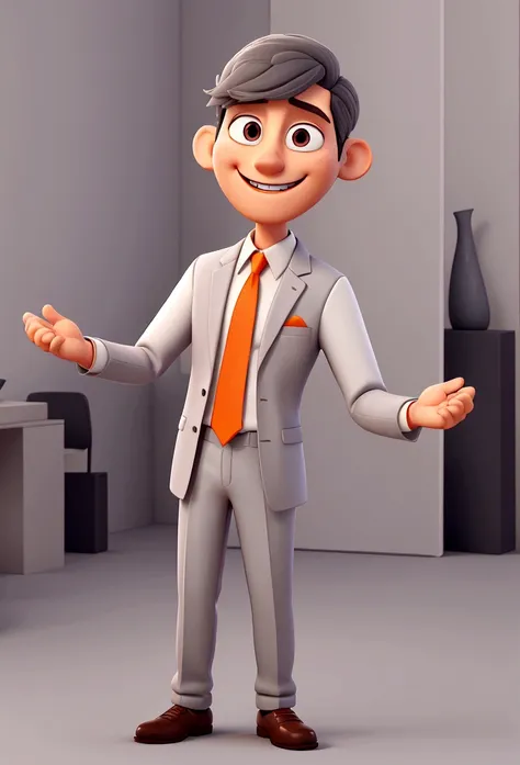 Smiling 25 year old man, wearing a gray suit with orange tie and white shirt, fair skin, with open arms celebrating, drawing in 3D Art style, C4D, city background, Disney style, pixar style render illustration Super Detail, 8K