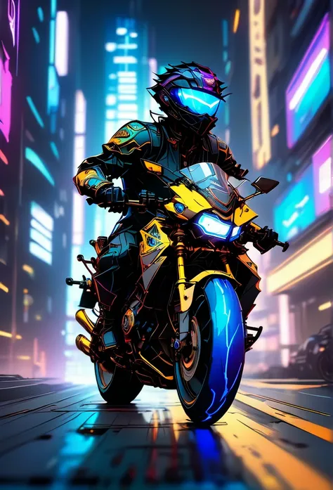 detailed cyberpunk motorcycle, futuristic motorcycle, riding on the road, motorcycle from behind view, 1 person riding motorcycle, intricate details, high resolution, 8k, photorealistic, hyper detailed, cinematic lighting, dynamic motion blur, gritty urban...