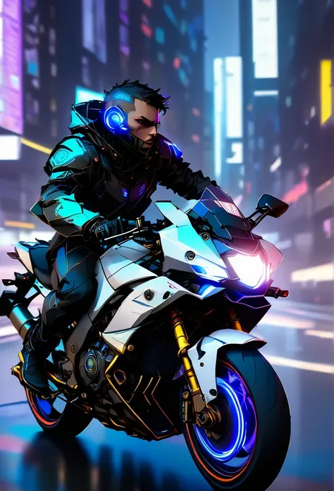 detailed cyberpunk motorcycle, futuristic motorcycle, riding on the road, motorcycle from behind view, 1 person riding motorcycle, intricate details, high resolution, 8k, photorealistic, hyper detailed, cinematic lighting, dynamic motion blur, gritty urban...