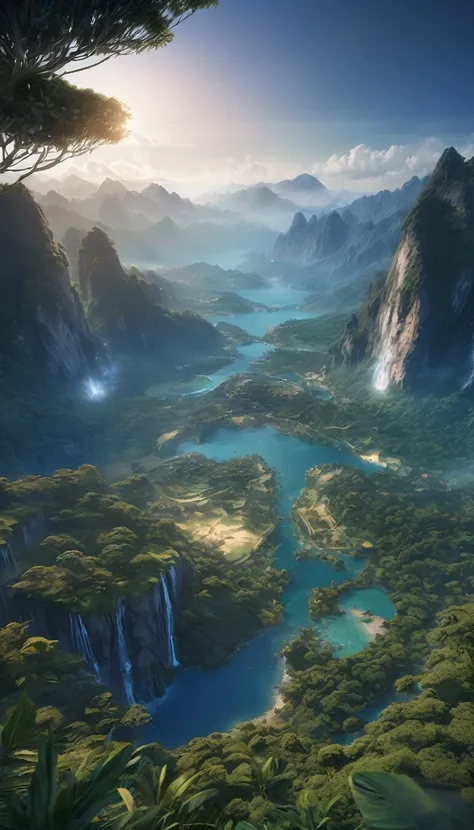 (masterpiece, best quality:1.2), (masterpiece, best quality:1.2), landscape, aerial perspective, Tropical mountains, landscape indigo accent, mythology, cinematic,detailed, Atmospheric,backlight,epic, cinematic, conceptual art, matte painting, Beautiful sc...