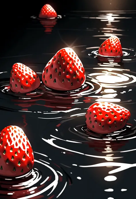 Cinematic RAW Photos，Ultra-realistic photos，Ultra-realistic photos，Digital SLR，Soft lighting，Product photo of five strawberries falling into water、Dripping、Splashing clear liquid、Water flower，Dynamic Composition Star Part) (Highest quality) (be familiar wi...