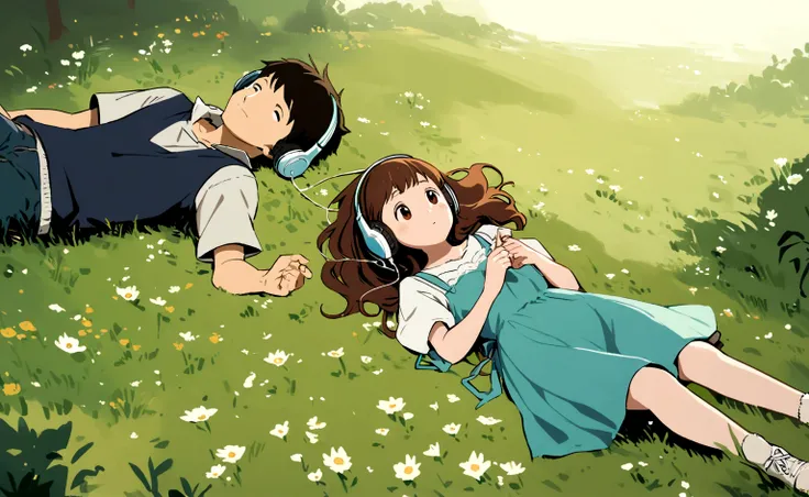 A boy and a girl lying on the grass listening to music WITH HEADPHONES, RELAXING, style studio ghibli