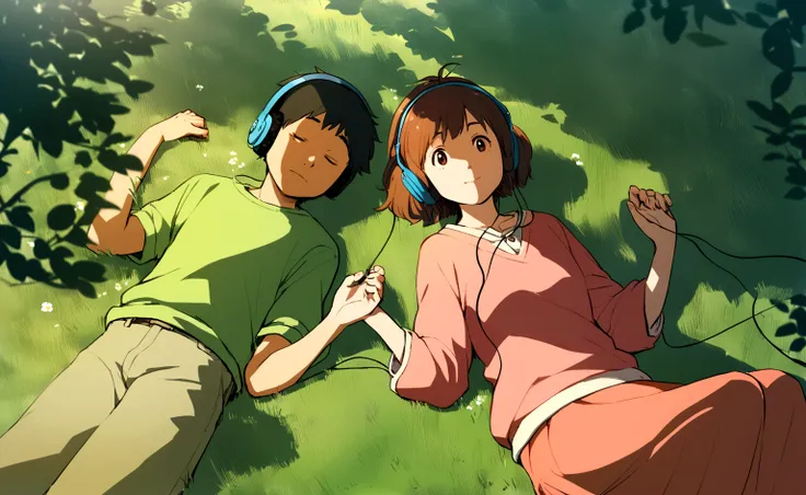 A boy and a girl lying on the grass listening to music WITH HEADPHONES, RELAXING, style studio ghibli