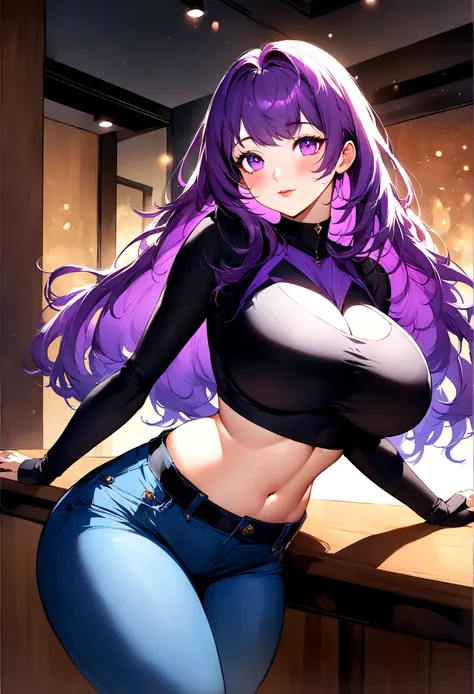 Create a digital artwork of a voluptuous female character with massive breasts in an anime-inspired style. The character should have long, flowing purple hair and large, expressive purple eyes. She should be wearing jeans and a crop top that accentuates he...