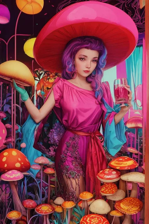 WOMAN TAKING A GOBLET AROUND COLORFUL MUSHROOMS 70s style, synthwave aesthetic