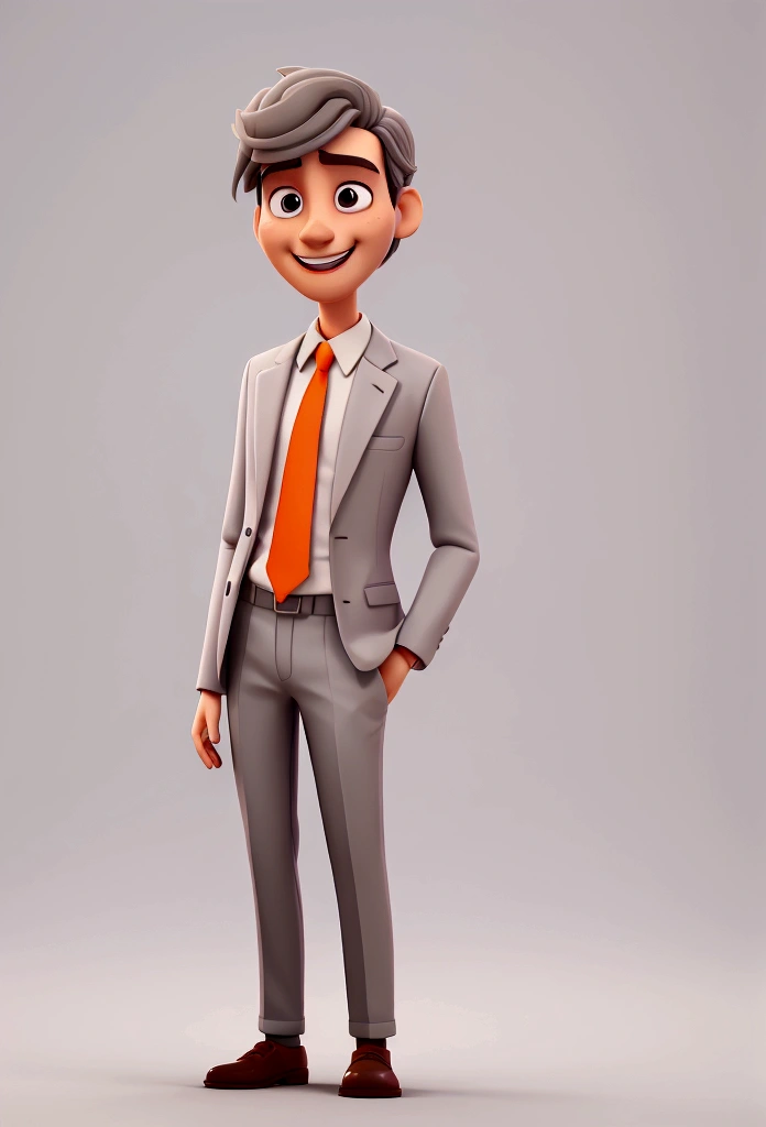 Smiling 25 year old man, wearing a gray suit with orange tie and white shirt, fair skin, low hair with open arms celebrating, facing away, drawing in 3D Art style, C4D, city background, Disney style, pixar style render illustration Super Detail, 8K