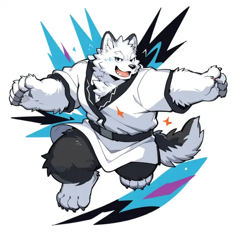 Scribble wolf face, ((cute)), anthro(wolf), (Pure white fur:1.5), white beard, (broad white shirt), generous smile, (dynamic pose:1.6), simple background, printmaking style, by takemoto arashi, by kamyuel, by milkytiger1145, by 96panda, Colorful logo, Mini...