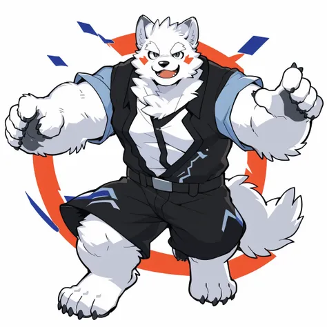 Scribble wolf face, ((cute)), anthro(wolf), (Pure white fur:1.5), white beard, (broad white shirt), generous smile, (dynamic pose:1.6), simple background, printmaking style, by takemoto arashi, by kamyuel, by milkytiger1145, by 96panda, Colorful logo, Mini...