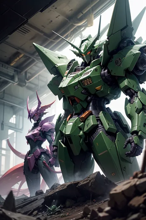 A high-quality, cinematic still of the Nidhogg Gundam in a subterranean battle, featuring a dark purple and forest green body with a V-fin resembling dragon horns. The Gundam can transform into a dragon form, specialized for underground combat. Nidhogg Gun...