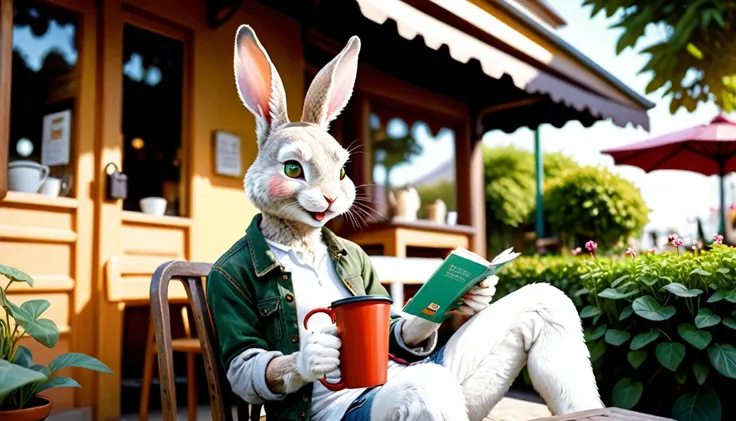 (photo film style), anthropomorphic, cute little rabbit, drinking hot coffee, cafe terrace, green garden, smiling, reading a book, wearing casual clothes, 2D, colorful, warm atmosphere, shiny, Jean-Baptiste Monge style, Alan Lee style