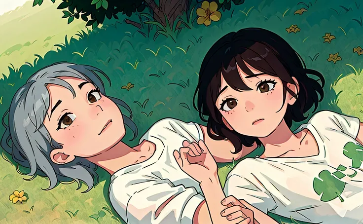 A boy and a girl lying on the grass relaxing in the sun, Studdios Ghibli style illustration