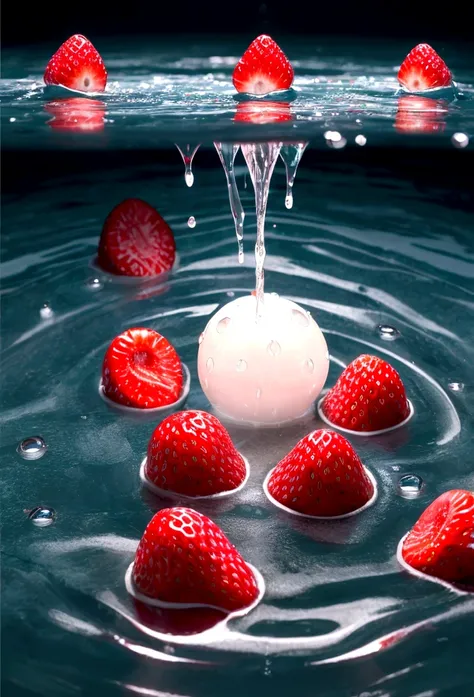 Cinematic RAW Photos，Ultra-realistic photos，Ultra-realistic photos，Digital SLR，Soft lighting，Product photo of five strawberries falling into water、Dripping、Splashing clear liquid、Water flower，Dynamic Composition Star Part) (Highest quality) (be familiar wi...