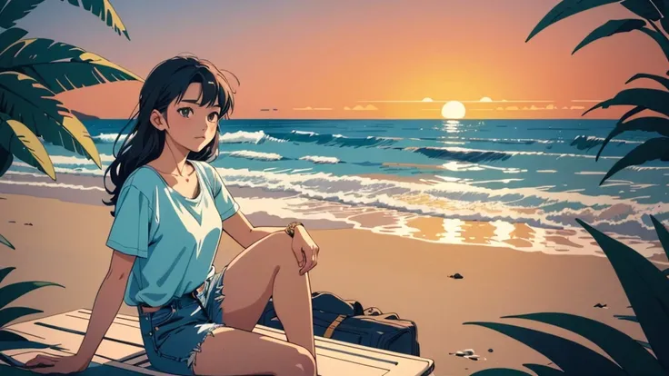 masterpiece, highest quality, アニメ, beautiful asian girl, k-pop aesthetics and style, sunset, 80s american hippie style, along th...