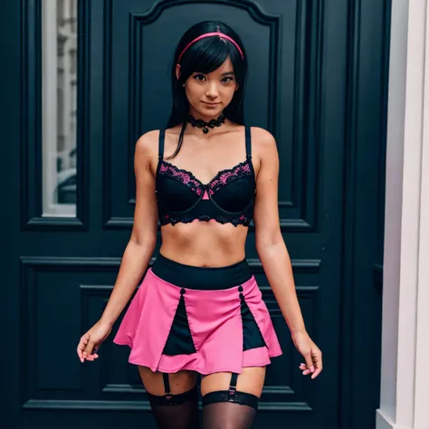 a woman with a gothic bra and a pink and black gothic mini skirt without panties