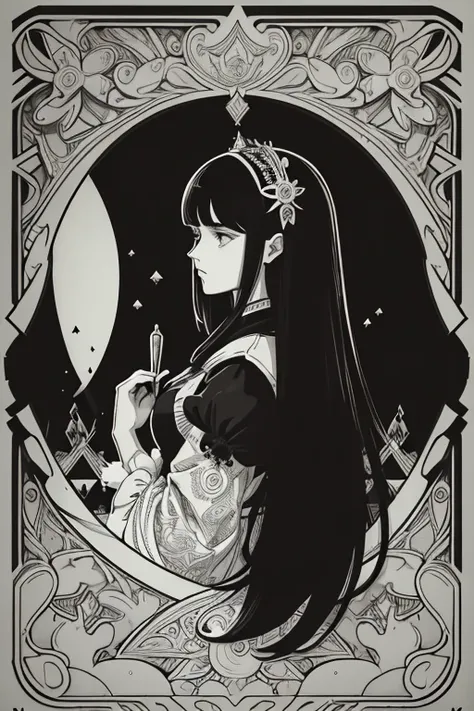 Beardsley style,ink art, pen and ink, (Best Quality,masutepiece:1.2),(black and white comic core:1.1),(extreme high contrast), 8K, SILHOUETTE, Dark ink, 1 beautiful girl, side view, Profile, victorian_gothic_costume, long_hair, bangs, Very_beautiful_face, ...