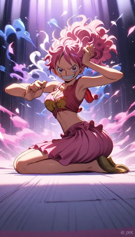 1girl, monkey d. luffy, one piece, pink hair, pink eyes, white and pink mix, pink long skirt, shes on a seiza pose, an empty and...