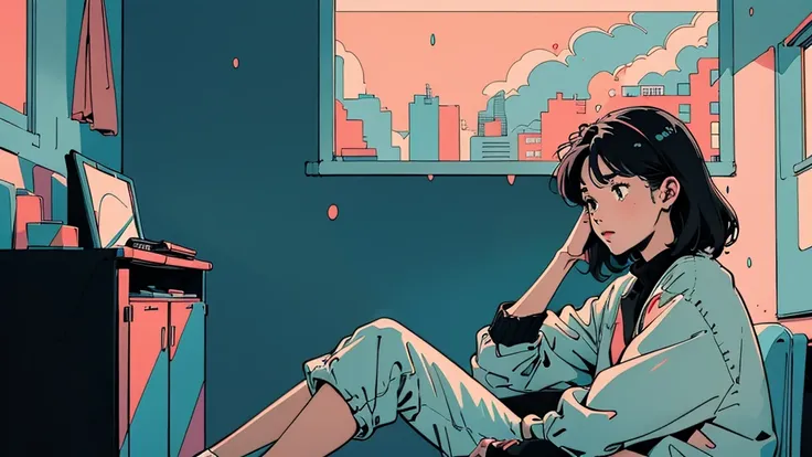 アニメ girl sitting on floor looking out window at city, アニメ aesthetic, アニメ vibes, lofi artstyle, lo-fi portrait by the window, wat...