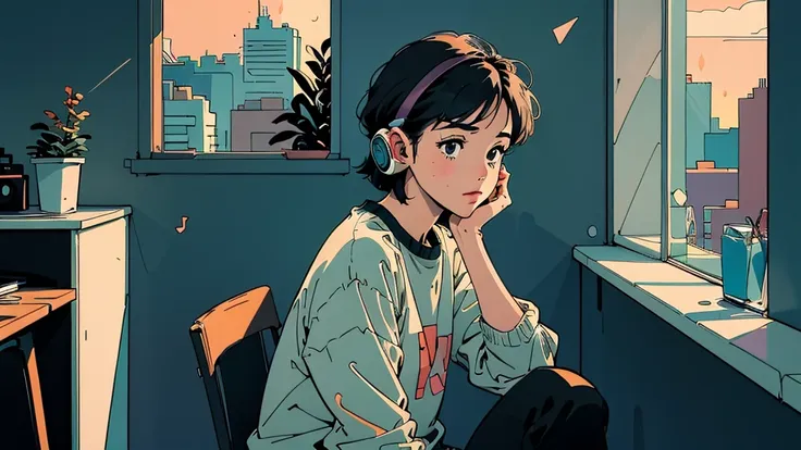 アニメ girl sitting on floor looking out window at city, アニメ aesthetic, アニメ vibes, lofi artstyle, lo-fi portrait by the window, wat...