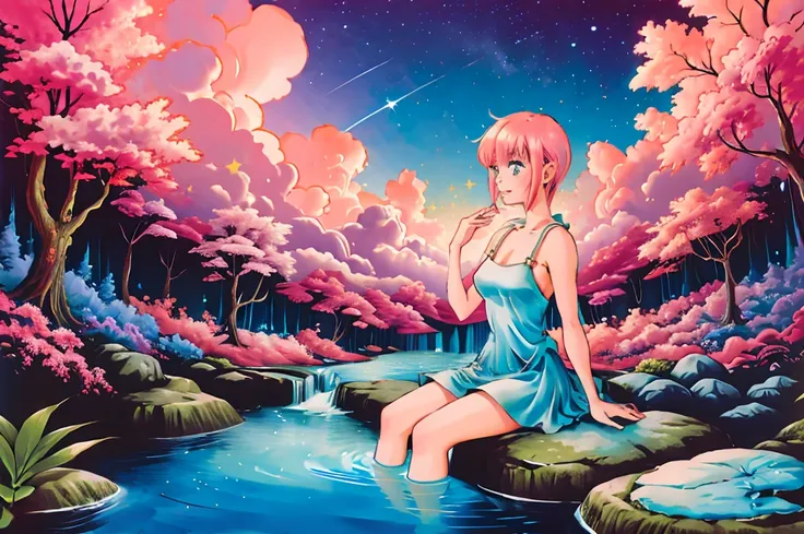 scenery, light blue sky, 1girl, ichika sitting in the waterfalls, cloud, sitting on rocks in the middle of the waterfall, magica...